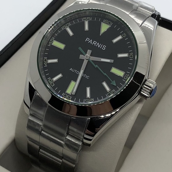 Parnis Black Dial Sapphire Crystal Green Mark Automatic 40mm Watch Brand New - Picture 2 of 9